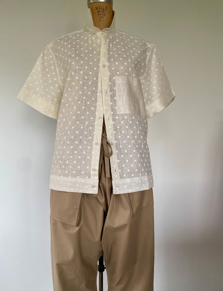 Beige Polka Dot Linen Short Sleeve Shirt