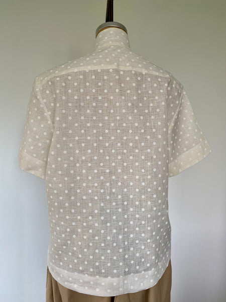 Beige Polka Dot Linen Short Sleeve Shirt